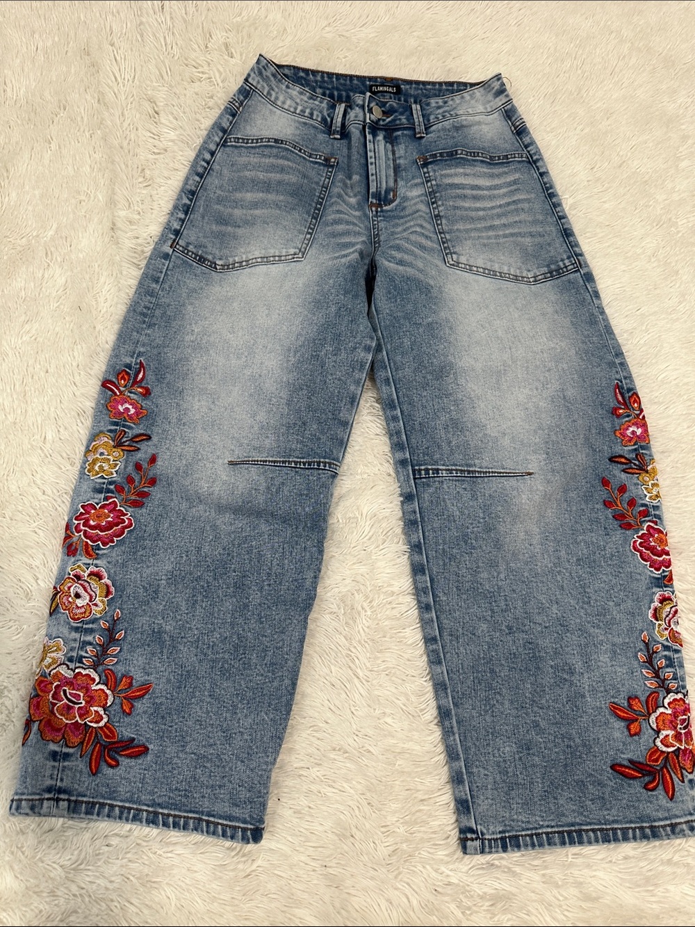 🌴 Flamingals Barrel Leg Embroidered Jeans
